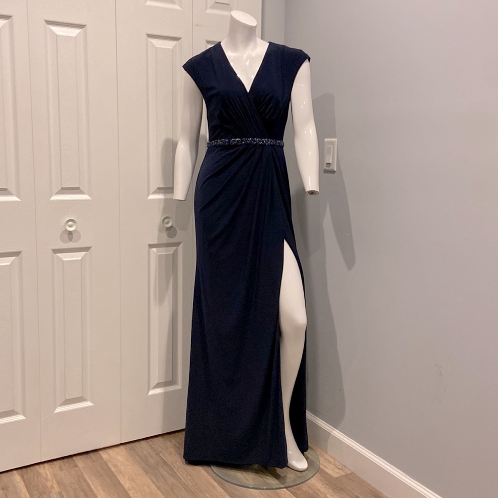 Navy beaded draped formal gown ✨